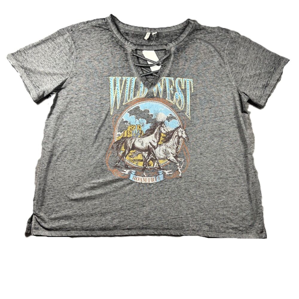 Cato Women NWT Burnout T-Shirt Wild West Rhinestones V-Neck Grey 22/24 L264